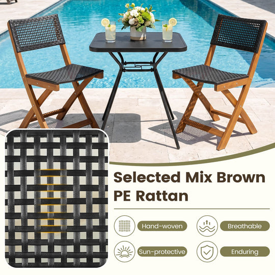 Set of 2 Outdoor Folding PE Rattan Chairs with Acacia Wood Frame for Porch Balcony Fully Assembled