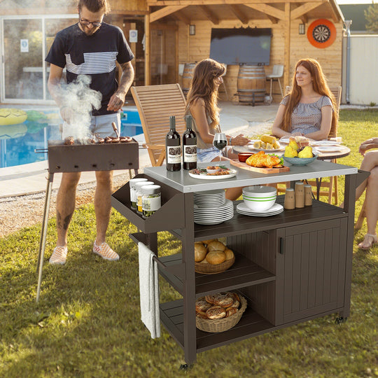 Outdoor Grill Cart with Storage Cabinet Shelves and Stainless Steel Top-Brown