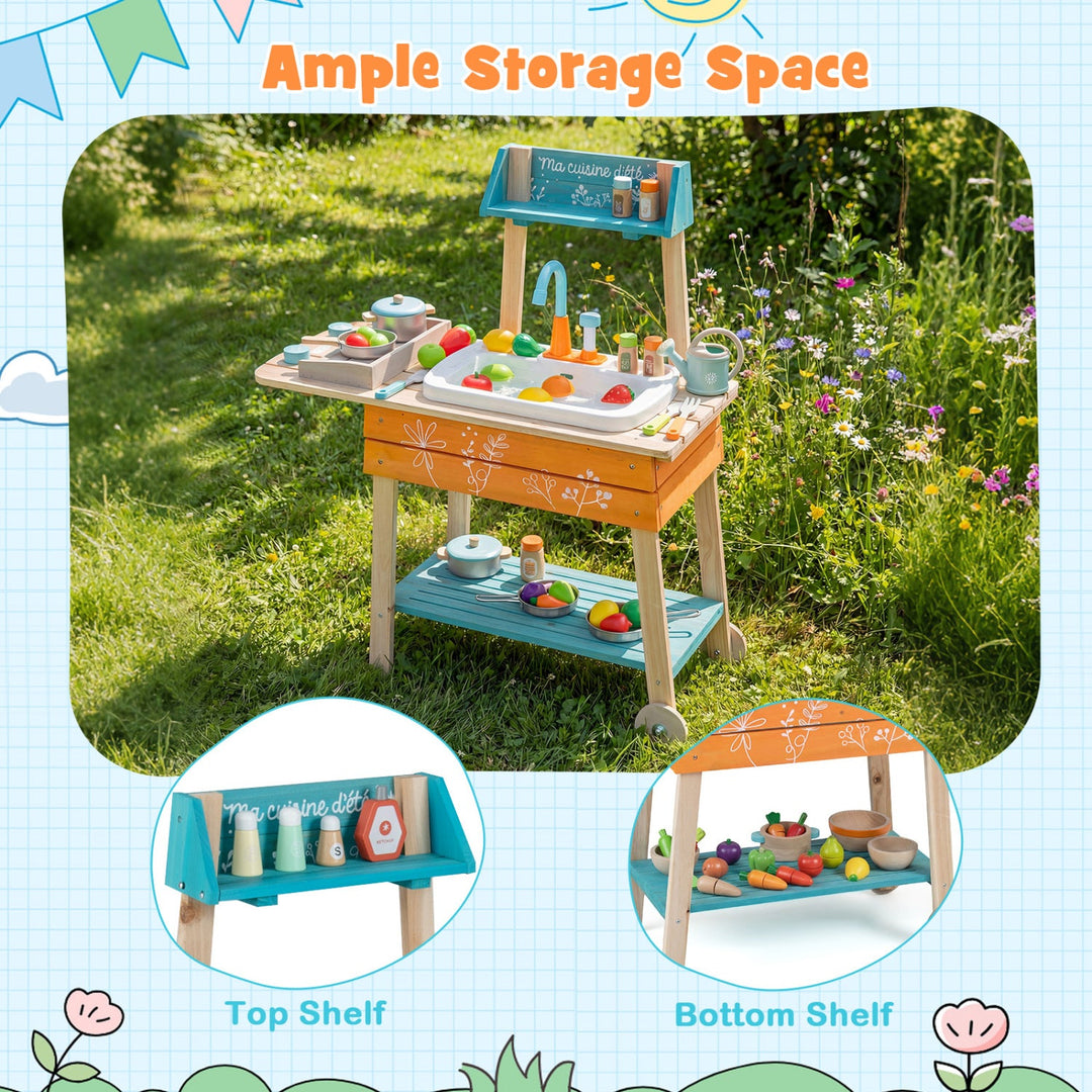 Outdoor Kids Play Kitchen Set Wooden Toy Kitchen Playset with Removable Sink