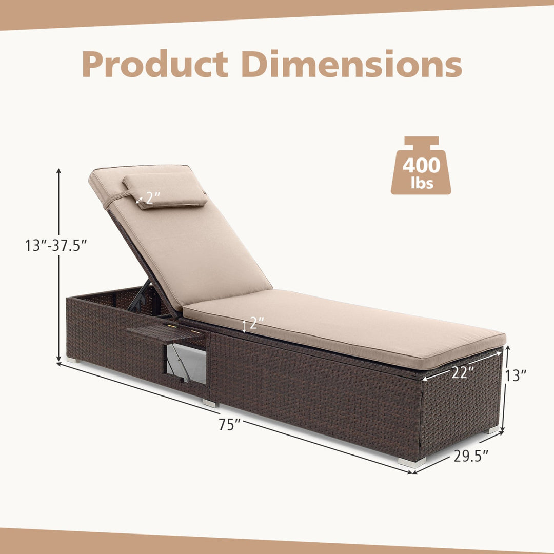 Outdoor PE Rattan Chaise Lounge with 6-Position Adjustable Backrest and Foldable Side Table