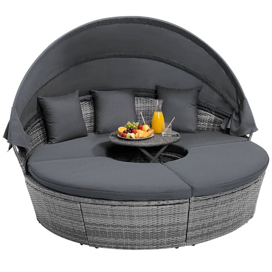 Outdoor PE Wicker Round Daybed with Retractable Canopy and Cushions-Navy