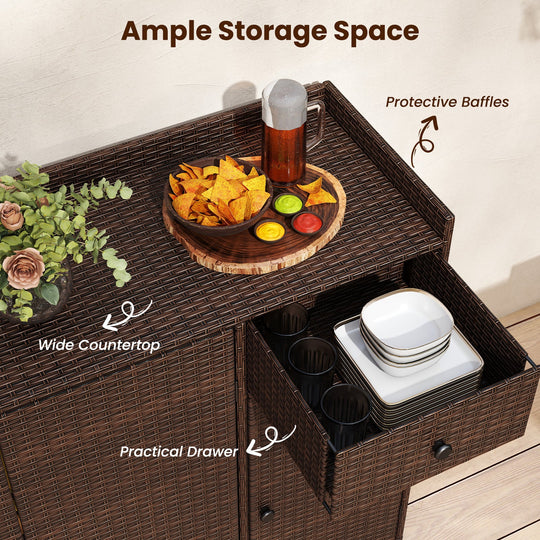 Outdoor PE Wicker Storage Cabinet with 3 Doors for Deck