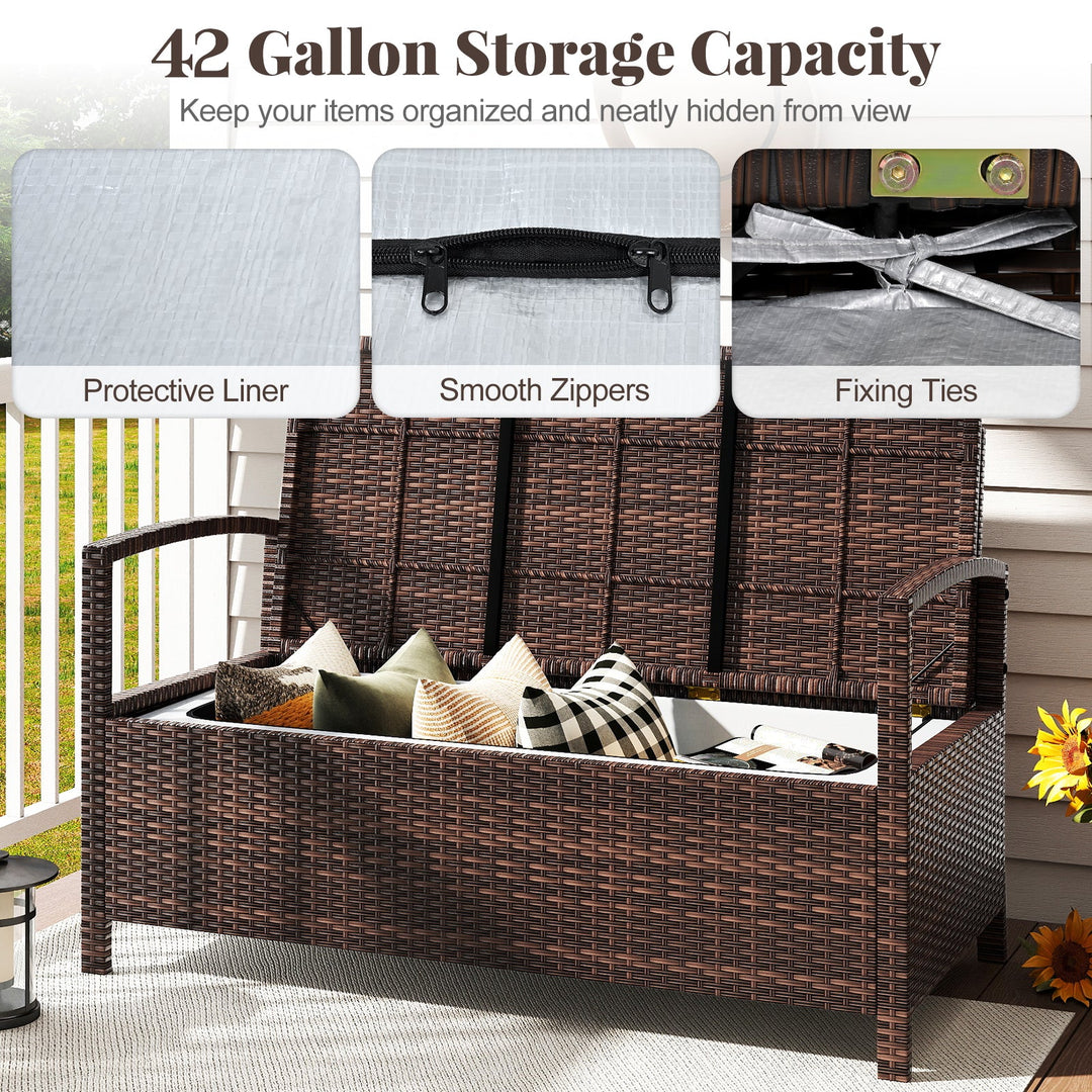 Outdoor PE Wicker Storage Bench 2 Seater with Cushion and 42 Gallon Deck Box-Beige