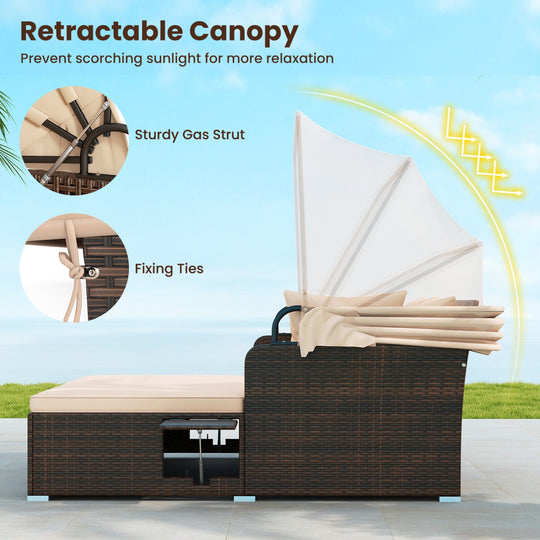 Outdoor Patio Rattan Daybed with Retractable Canopy and Side Tables