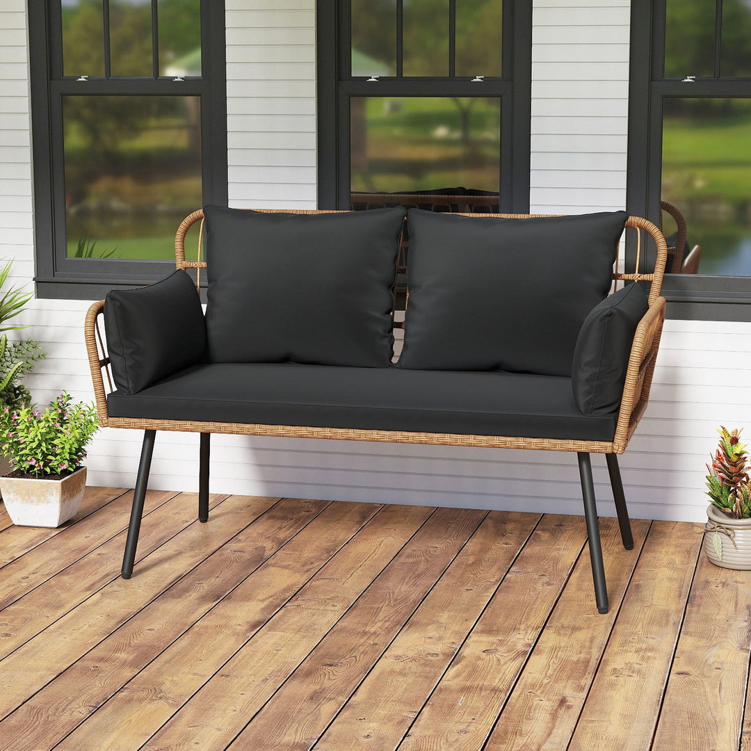 Outdoor Rattan 2-Seat Chair with Seat Back Cushions and Heavy-Duty Metal Legs