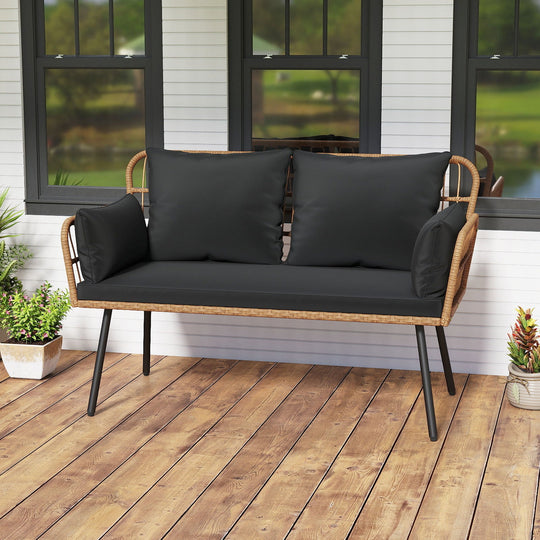 Outdoor Rattan 2-Seat Chair with Seat Back Cushions and Heavy-Duty Metal Legs