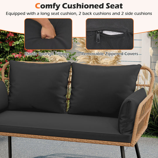 Outdoor Rattan 2-Seat Chair with Seat Back Cushions and Heavy-Duty Metal Legs