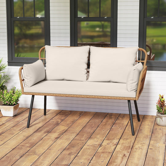 Outdoor Rattan 2-Seat Chair with Seat Back Cushions and Heavy-Duty Metal Legs