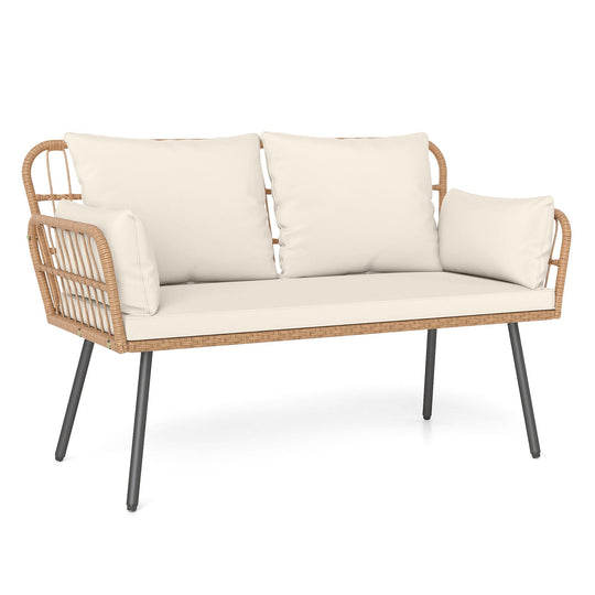 Outdoor Rattan 2-Seat Chair with Seat Back Cushions and Heavy-Duty Metal Legs