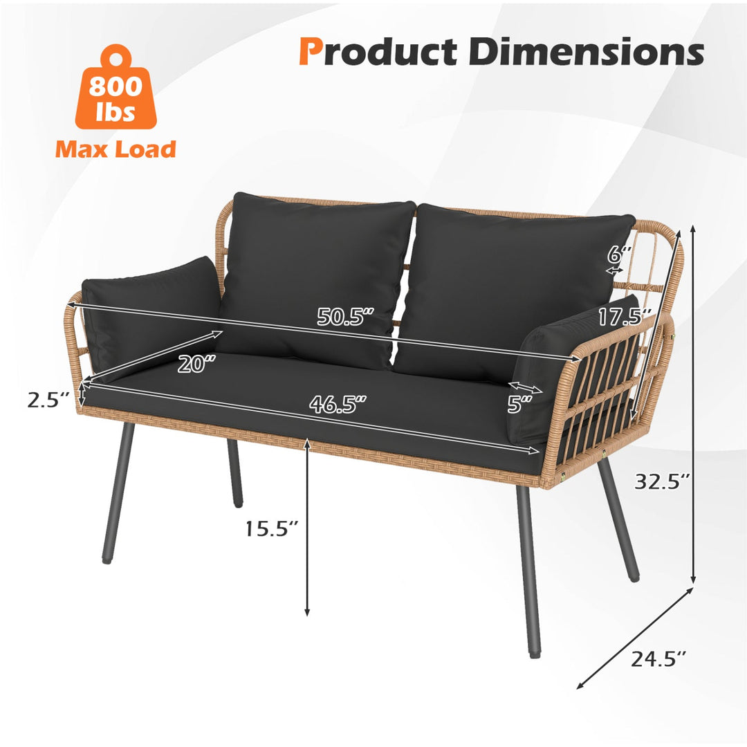Outdoor Rattan 2-Seat Chair with Seat Back Cushions and Heavy-Duty Metal Legs