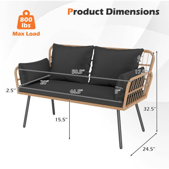 Outdoor Rattan 2-Seat Chair with Seat Back Cushions and Heavy-Duty Metal Legs