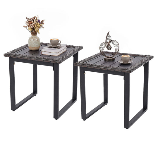 Outdoor Rattan Side Table with Slatted Tabletop and PE Rattan Finish