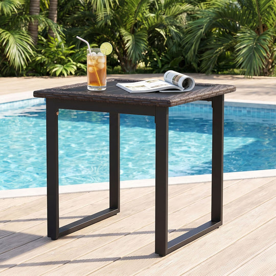 Outdoor Rattan Side Table with Slatted Tabletop and PE Rattan Finish