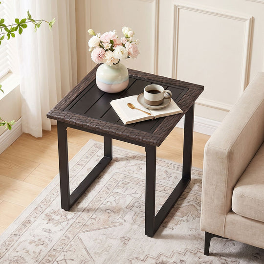 Outdoor Rattan Side Table with Slatted Tabletop and PE Rattan Finish