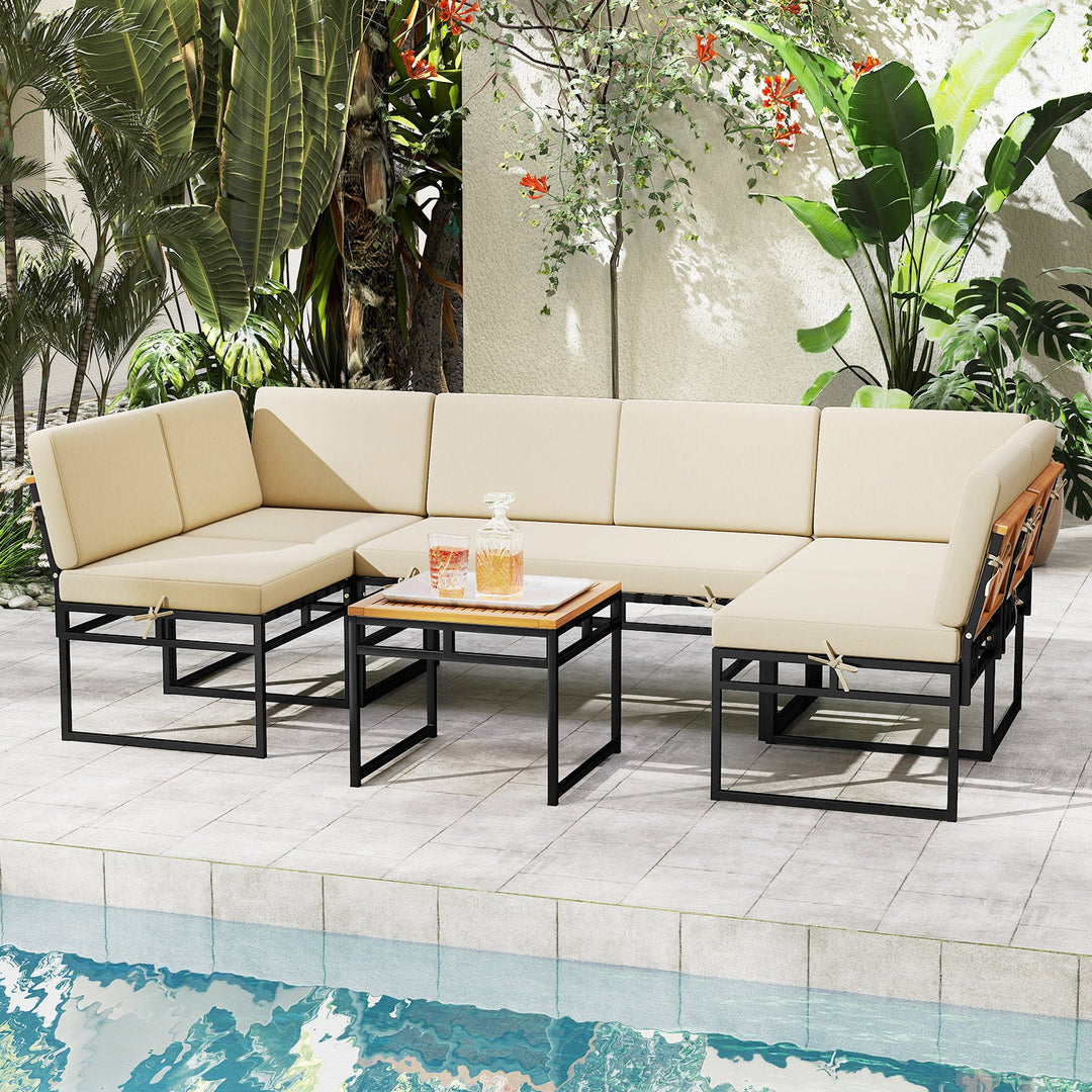 6 Piece Outdoor Sectional Sofa Set Metal Conversation Set with Cushions-Beige