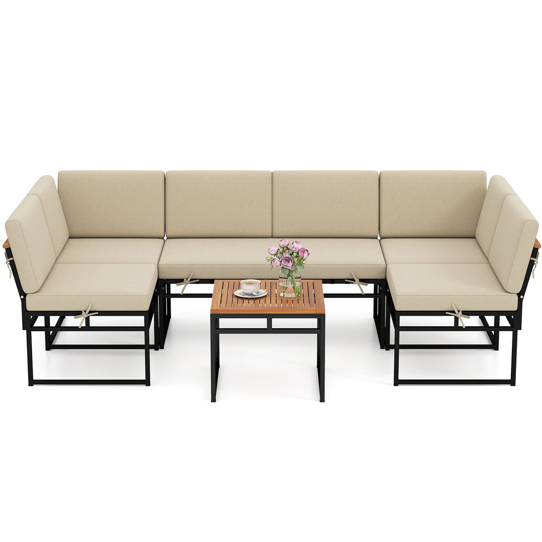 6 Piece Outdoor Sectional Sofa Set Metal Conversation Set with Cushions-Beige