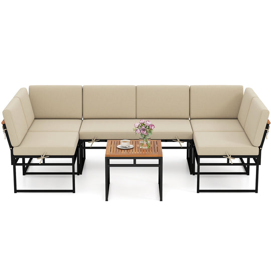 6 Piece Outdoor Sectional Sofa Set Metal Conversation Set with Cushions-Beige