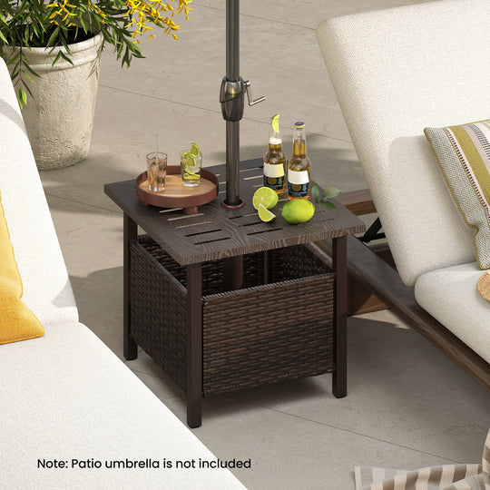 Outdoor Side Table All-Weather PE Wicker Patio Table with Umbrella Hole-Brown