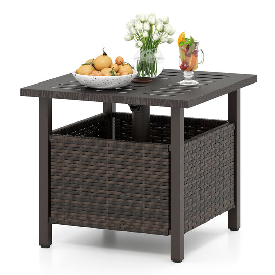 Outdoor Side Table All-Weather PE Wicker Patio Table with Umbrella Hole-Brown