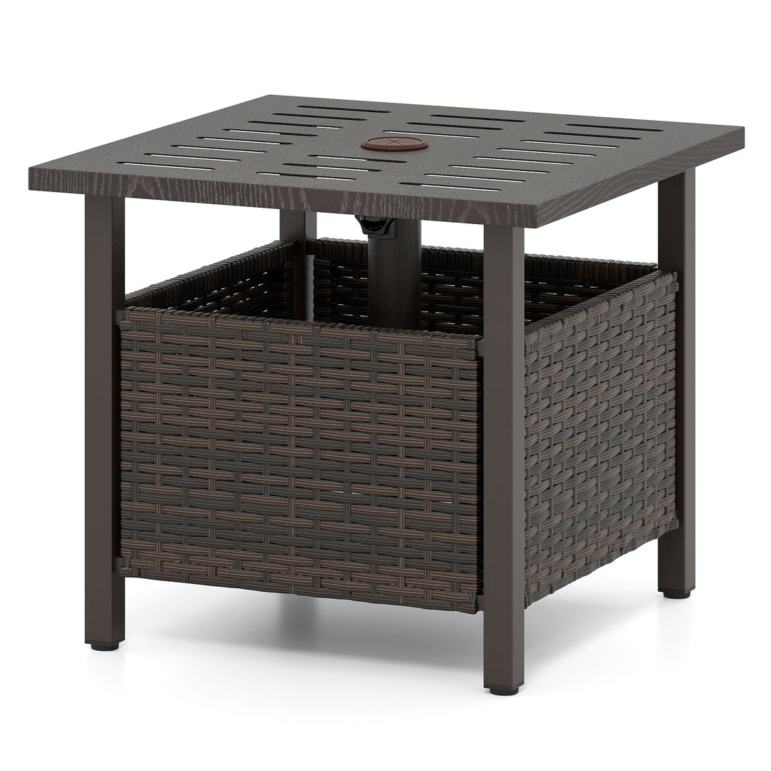 Outdoor Side Table All-Weather PE Wicker Patio Table with Umbrella Hole-Brown