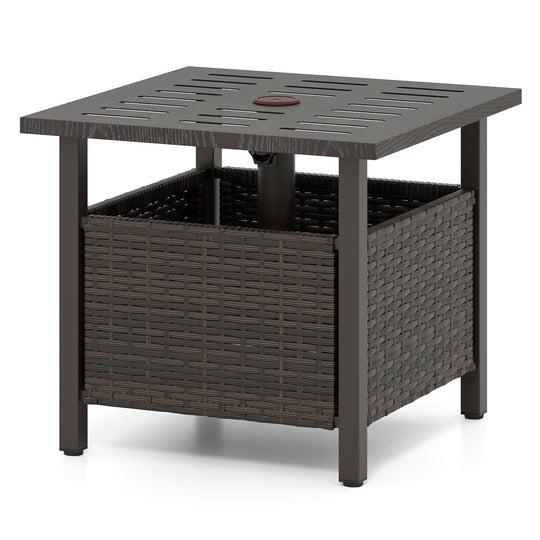 Outdoor Side Table All-Weather PE Wicker Patio Table with Umbrella Hole-Brown