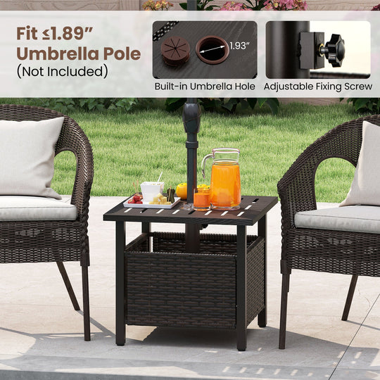 Outdoor Side Table All-Weather PE Wicker Patio Table with Umbrella Hole-Brown