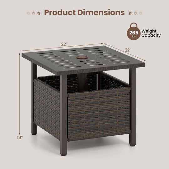 Outdoor Side Table All-Weather PE Wicker Patio Table with Umbrella Hole-Brown