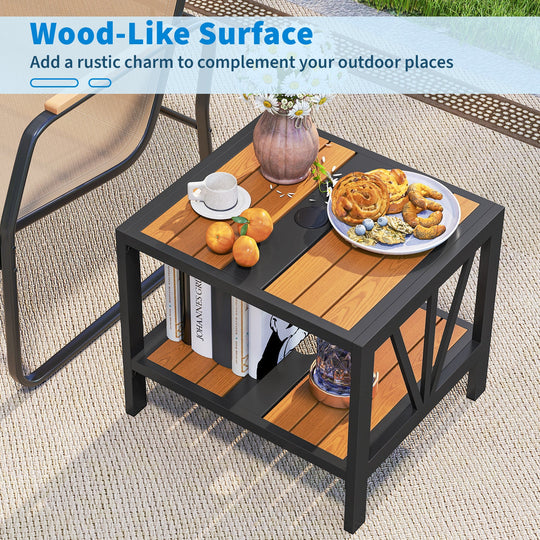 Outdoor Side Table with Umbrella Hole and Storage Shelf for Porch