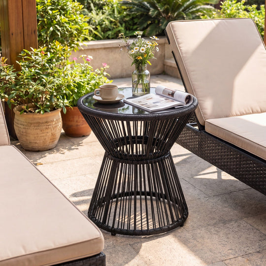 Outdoor Side Table with LED Warm Light and Tempered Glass Top