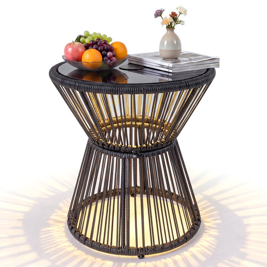 Outdoor Side Table with LED Warm Light and Tempered Glass Top