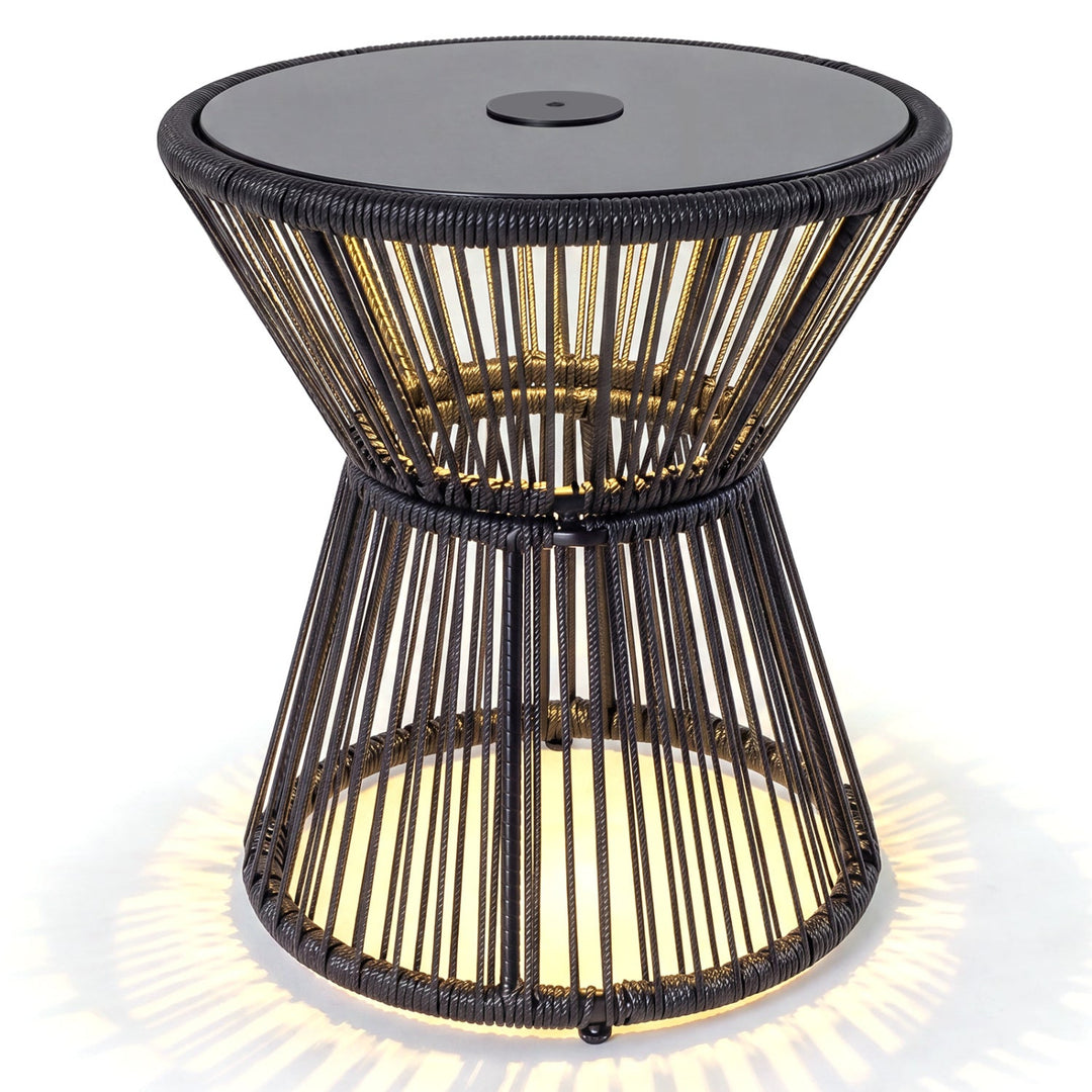 Outdoor Side Table with LED Warm Light and Tempered Glass Top