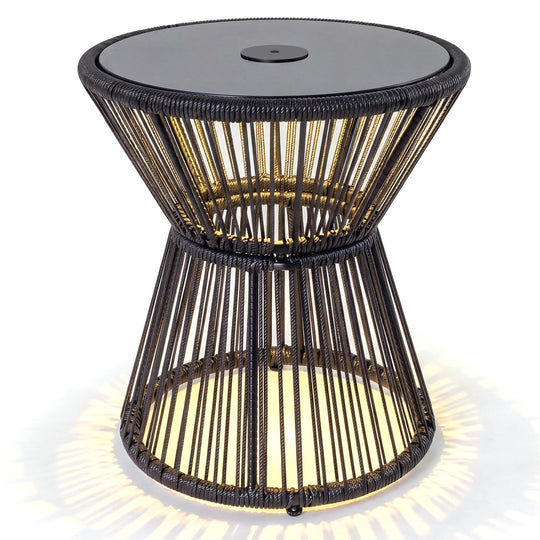 Outdoor Side Table with LED Warm Light and Tempered Glass Top