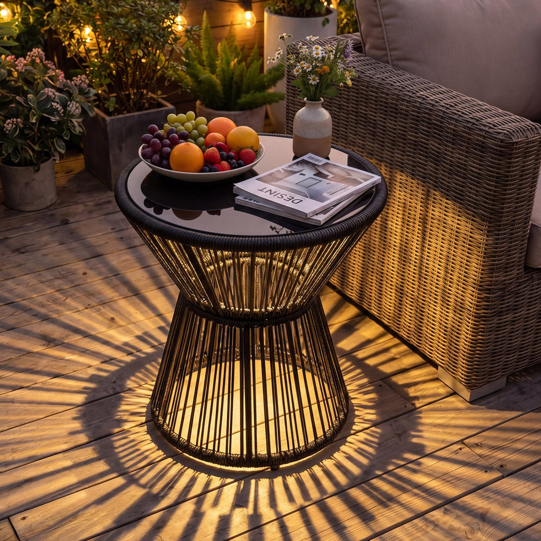 Outdoor Side Table with LED Warm Light and Tempered Glass Top