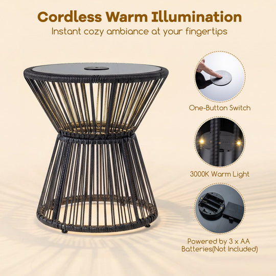 Outdoor Side Table with LED Warm Light and Tempered Glass Top