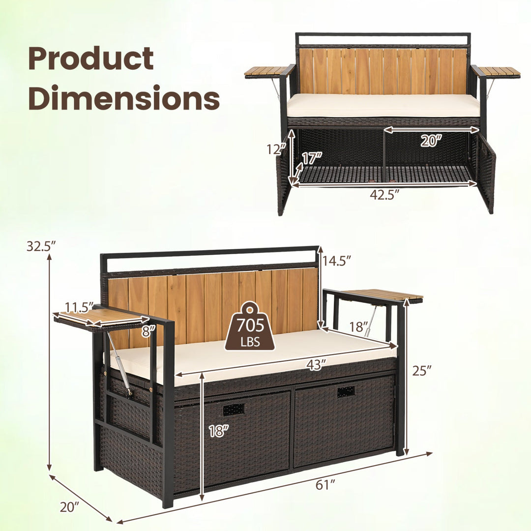Outdoor Storage Bench with 2 Side Tables and Cushioned Seat