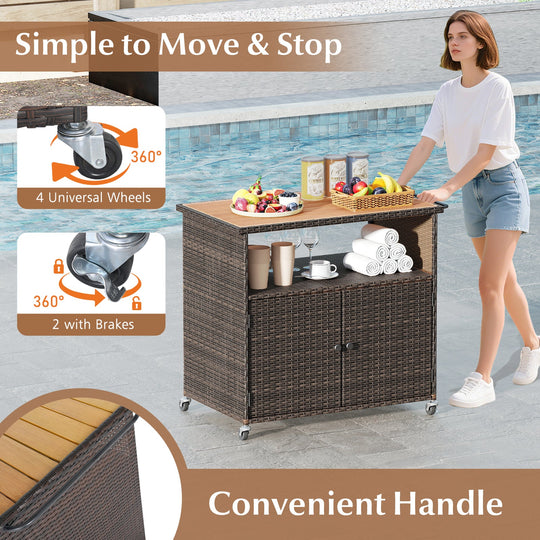 Outdoor Storage Cabinet with Acacia Wood Top and Lockable Wheels