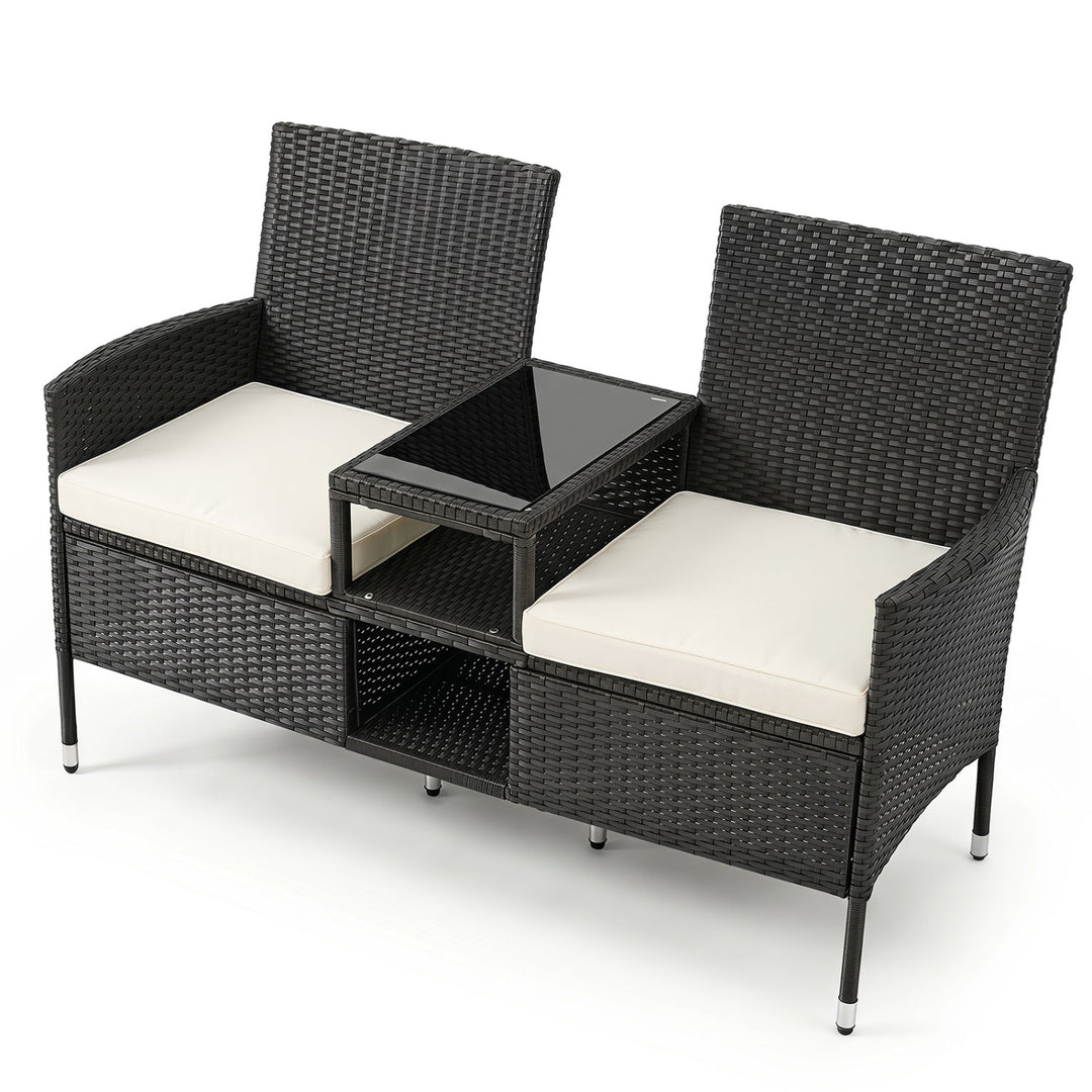 Outdoor Wicker Loveseat with Built-in Glass Side Table