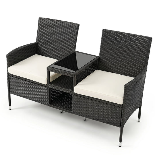 Outdoor Wicker Loveseat with Built-in Glass Side Table