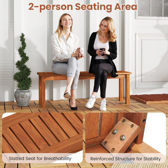 Outdoor Wood Bench 2-Person Backless Patio Garden Bench with Slatted Seat