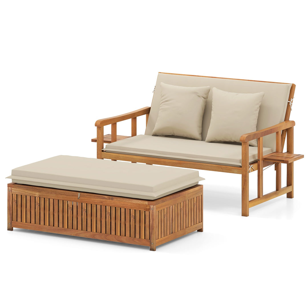 Outdoor Wooden Daybed with 4-Level Backrest and Removable Cushions-White