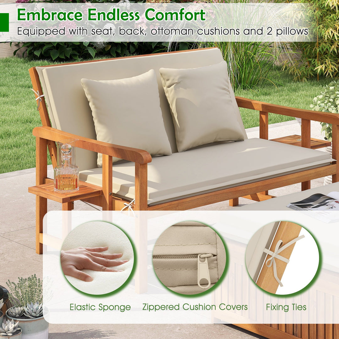 Outdoor Wooden Daybed with 4-Level Backrest and Removable Cushions-White