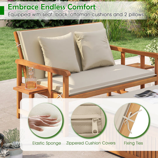 Outdoor Wooden Daybed with 4-Level Backrest and Removable Cushions-White