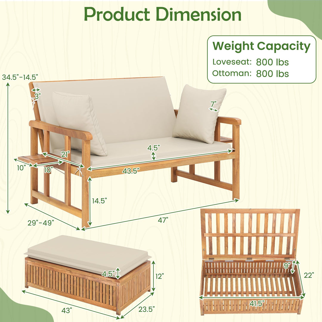 Outdoor Wooden Daybed with 4-Level Backrest and Removable Cushions-White