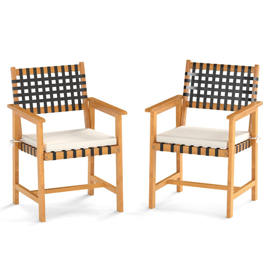 Outdoor Wooden Dining Chair Set of 2 with Armrests and Curved Back-White