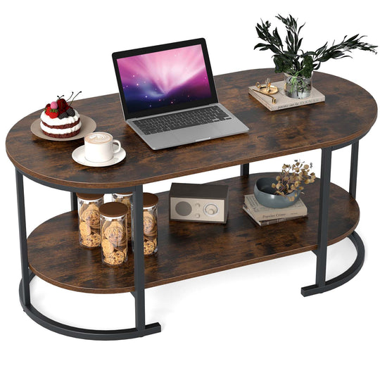 Oval Coffee Table 2-Tier Wooden Accent Table with Spacious Tabletop and Open Storage Shelf