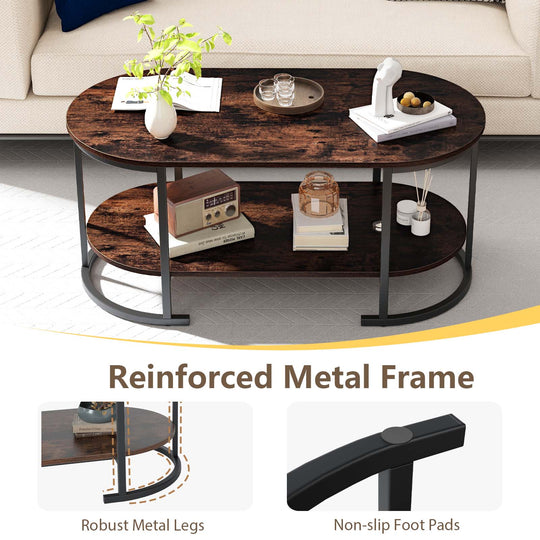 Oval Coffee Table 2-Tier Wooden Accent Table with Spacious Tabletop and Open Storage Shelf