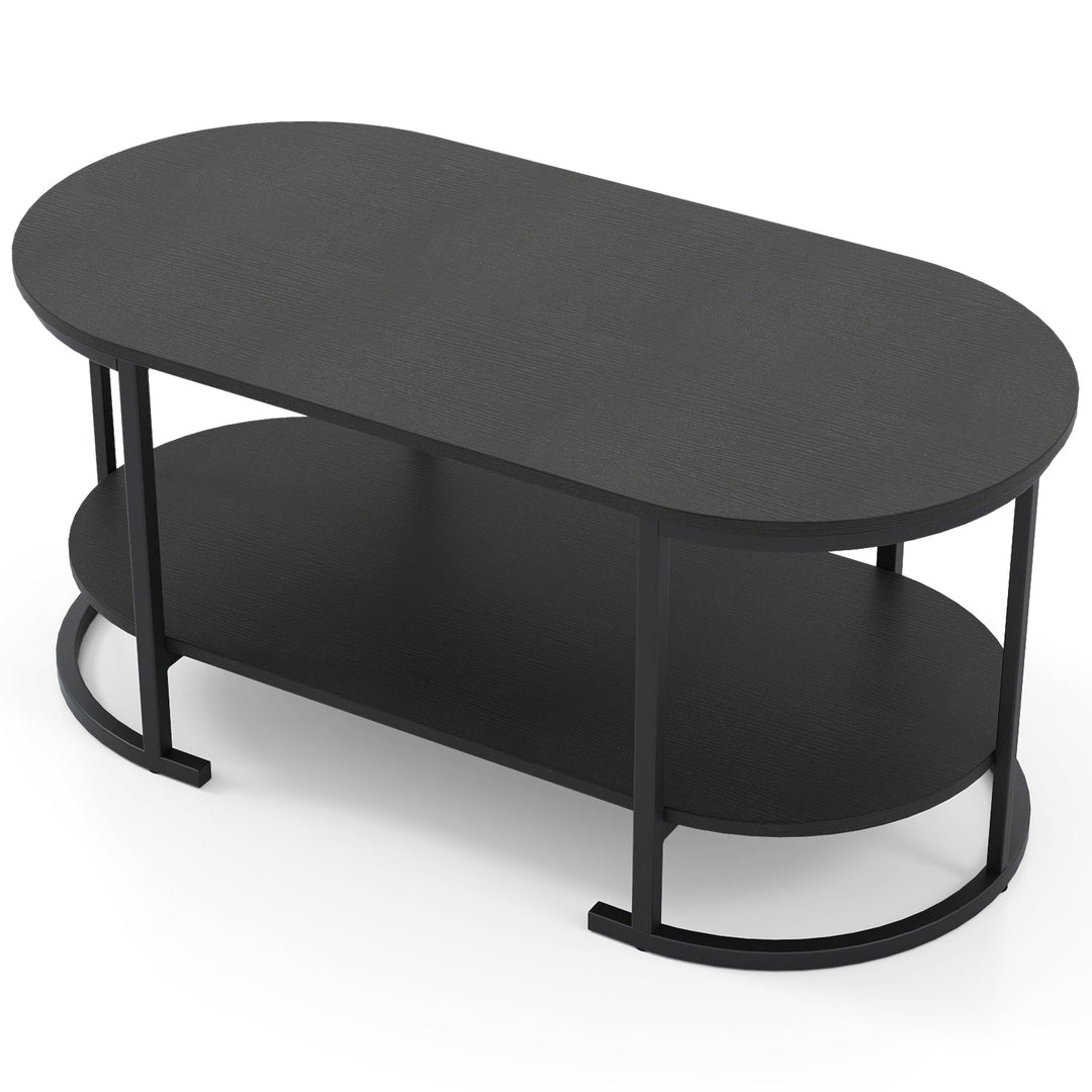 Oval Coffee Table 2-Tier Wooden Accent Table with Spacious Tabletop and Open Storage Shelf