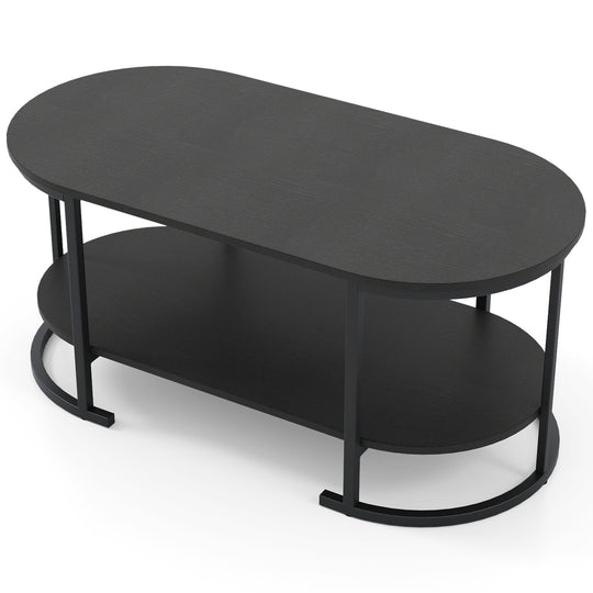 Oval Coffee Table 2-Tier Wooden Accent Table with Spacious Tabletop and Open Storage Shelf