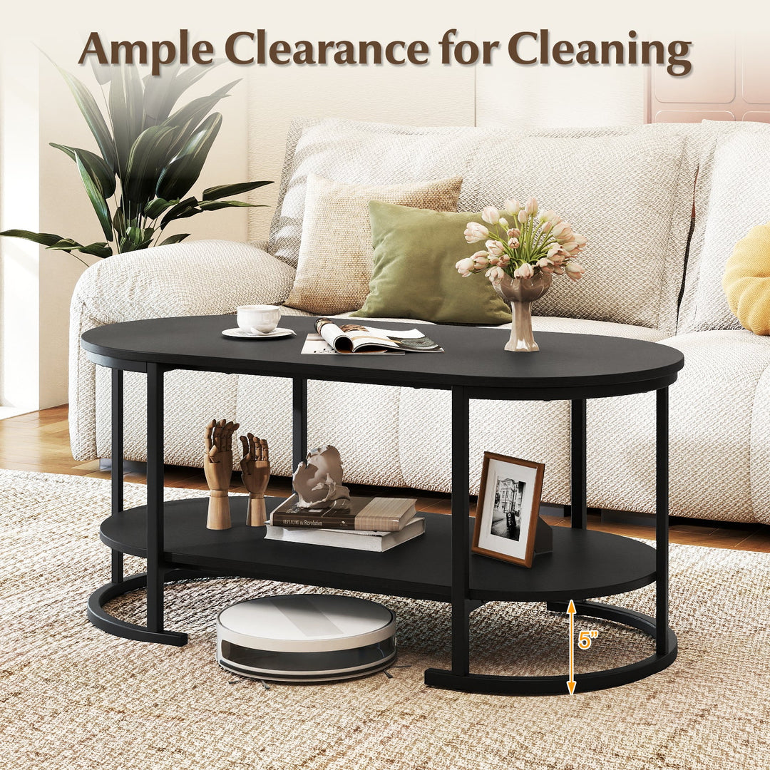 Oval Coffee Table 2-Tier Wooden Accent Table with Spacious Tabletop and Open Storage Shelf