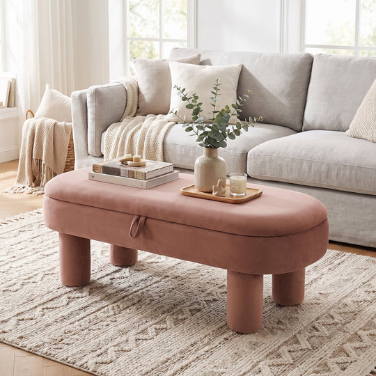 Oval Storage Ottoman Bench with Upholstered Velvet Seat